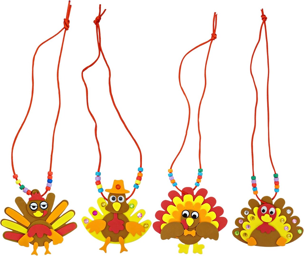 4E's Novelty Thanksgiving Necklace Crafts for Kids Bulk – 12 Pack DIY Turkey Craft Kit with 4 Styles, Self Adhesive Foam Beads & Strings, Toddler Thanksgiving Crafts, Classroom Party Favors & Fall Fun